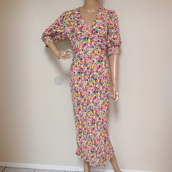RIXO TARGET FLORAL PRINT PUFF SLEEVE SMOCKED CUFF MIDI DRESS sz 4 - Picture 2 of 8